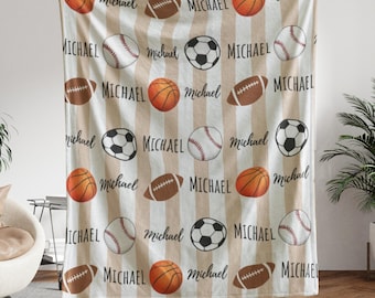 Personalized Sports Blanket for Kids, Custom Name Basketball Football Baseball Blanket,Boys Sports Gift,Team Player Gift,Game Day Room Decor