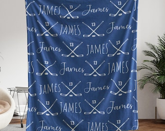 Personalized Ice Hockey Blanket For Boys, Custom Name Sports Throw, Hockey Team Gift, Hockey Mom Gift, Soft Minky Fleece Blanket