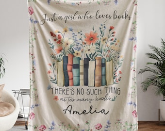 Personalized Book Lover Blanket, Custom Floral Reading Throw With Name, Bookworm Bookshelf Gift For Reader, Bookish Blanket Gift For Women