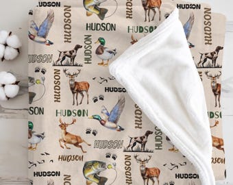 Personalized Hunting Fishing Blanket, Custom Baby Boy Name Blanket, Deer Duck Bass Toddler Gift,Outdoors Nursery Bedding,Baby Shower Present