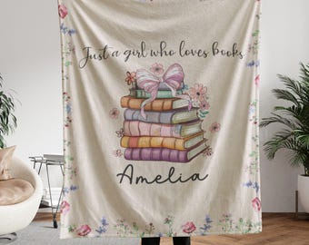 Personalized Bookish Blanket, Cozy Reading Throw For Book Lovers, Custom Name Library Decor, Unique Reader Gift For Her, Books Cats Blanket