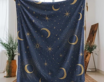 Celestial Blanket, Cotton Starry Night Throw With Moon And Stars Design, Blue Gold Tapestry Blanket, Cozy Universe Home Decor gift Christmas