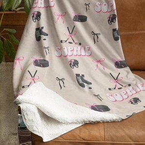 Personalized Ice Hockey Blanket For Girls, Custom Name Sports Throw, Hockey Team Gift, Hockey Mom Gift, Soft Minky Fleece Blanket Beige