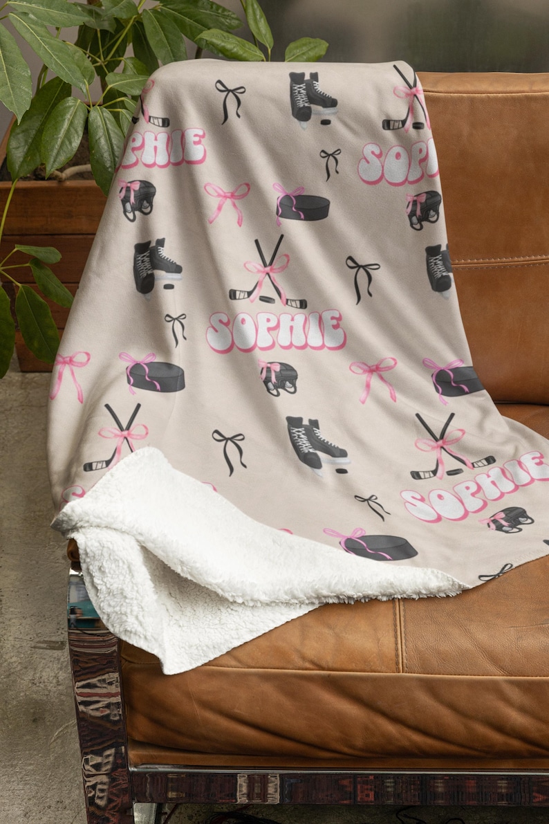 Personalized Ice Hockey Blanket For Girls, Custom Name Sports Throw, Hockey Team Gift, Hockey Mom Gift, Soft Minky Fleece Blanket Beige