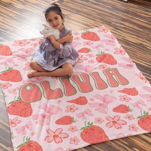 Pink Strawberry Name Blanket, Personalized Strawberry Blanket, Name Blanket for Girl, Cute Kids Nursery Decor,Gift For Baby Girl,Fruit Girls