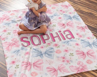 Personalized Pink Bow Baby Girl Blanket,Pink floral Blanket,Cozy Blanket Baby Shower Gift,Blanket Coquette Pink Bow to Nursery, Gift newborn