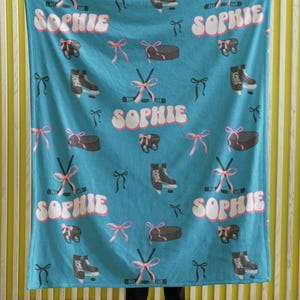 Personalized Ice Hockey Blanket For Girls, Custom Name Sports Throw, Hockey Team Gift, Hockey Mom Gift, Soft Minky Fleece Blanket Turquoise