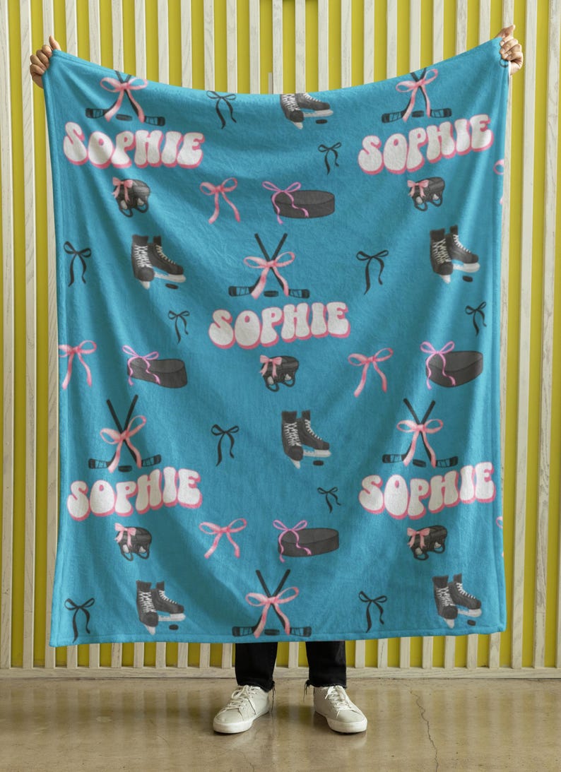 Personalized Ice Hockey Blanket For Girls, Custom Name Sports Throw, Hockey Team Gift, Hockey Mom Gift, Soft Minky Fleece Blanket Turquoise