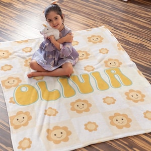 Groovy Personalized Retro Blanket for Girls,Personalized Blankets for Kids,Daisy Custom Name Blanket, Groovy One Baby Blanket, Sun Blanket