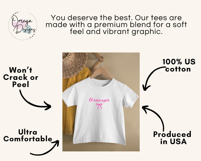 May include: White t-shirt with the word "threenager" in pink script and a pink bow. The shirt is hanging on a wooden hanger. Text on the image says "Won't Crack or Peel", "Ultra Comfortable", "100% US cotton", and "Produced in USA".
