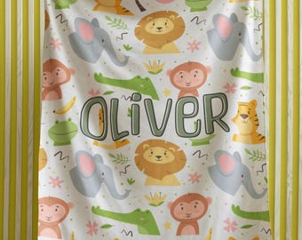 Personalized Boy Blanket, Safari Animals Baby Blanket, Safari Toddler Blanket with Name Gift for Baby Boy Baby Shower Gift Jungle Animal
