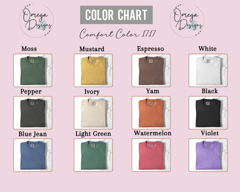 Puede incluir: Carta de colores con camisetas dobladas en varios colores, incluyendo musgo, mostaza, espresso y blanco. La carta tambi&eacute;n muestra pimienta, marfil, &ntilde;ame, negro, azul vaquero, verde claro, sand&iacute;a y violeta. El texto "COLOR CHART" est&aacute; en la parte superior.