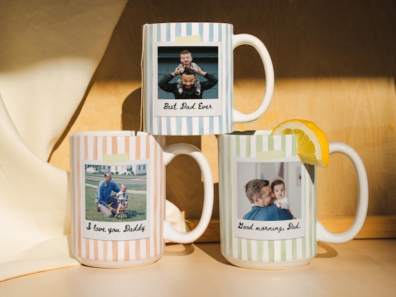 Custom Photo Striped Mug for Dad, Personalized Father and Son Picture Coffee Cup, Best Dad Gift with Name,Grandpa New Dad Gift Keepsake Gift