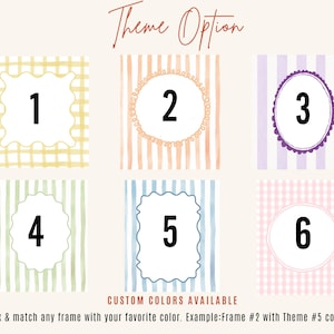 Op de afbeelding: Afbeelding met zes thema-opties, elk met een ander frame-ontwerp en achtergrondkleur. De tekst "Theme Option" staat bovenaan. De tekst "CUSTOM COLORS AVAILABLE" en een menginstructie staan onderaan.