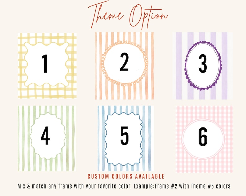 Op de afbeelding: Afbeelding met zes thema-opties, elk met een ander frame-ontwerp en achtergrondkleur. De tekst "Theme Option" staat bovenaan. De tekst "CUSTOM COLORS AVAILABLE" en een menginstructie staan onderaan.