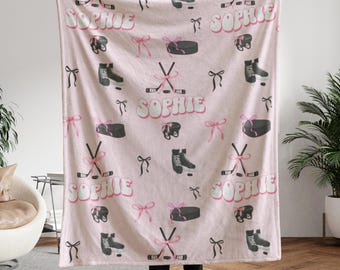 Personalized Ice Hockey Blanket For Girls, Custom Name Sports Throw, Hockey Team Gift, Hockey Mom Gift, Soft Minky Fleece Blanket