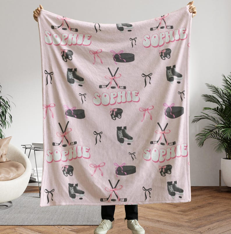 Personalized Ice Hockey Blanket For Girls, Custom Name Sports Throw, Hockey Team Gift, Hockey Mom Gift, Soft Minky Fleece Blanket Ligth Pink