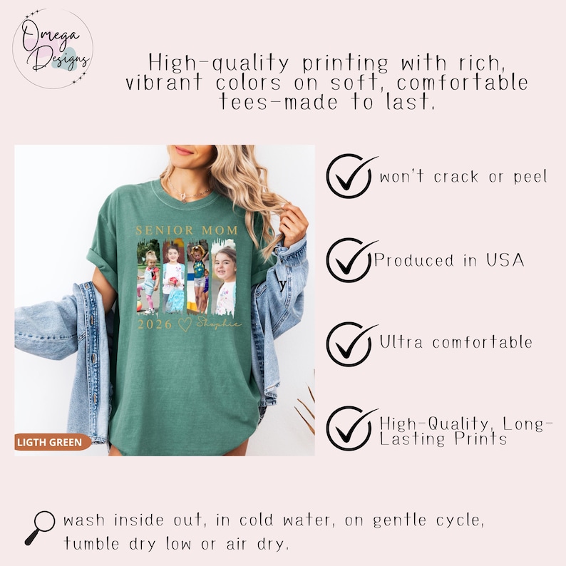 May include: Light green t-shirt with the text "SENIOR MOM 2026" and a photo collage. The shirt also has the text "High-quality printing with rich, vibrant colors on soft, comfortable tees-made to last."