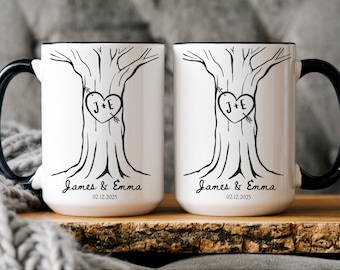Personalized Heart Tree Couple Mug, Custom Ceramic Coffee Mug, Anniversary Gift For Couple, Wedding Or Bridal Shower Gift, Mr And Mrs Mug