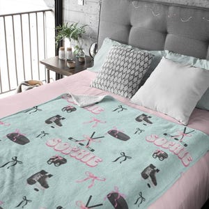 Personalized Ice Hockey Blanket For Girls, Custom Name Sports Throw, Hockey Team Gift, Hockey Mom Gift, Soft Minky Fleece Blanket Ligth Blue