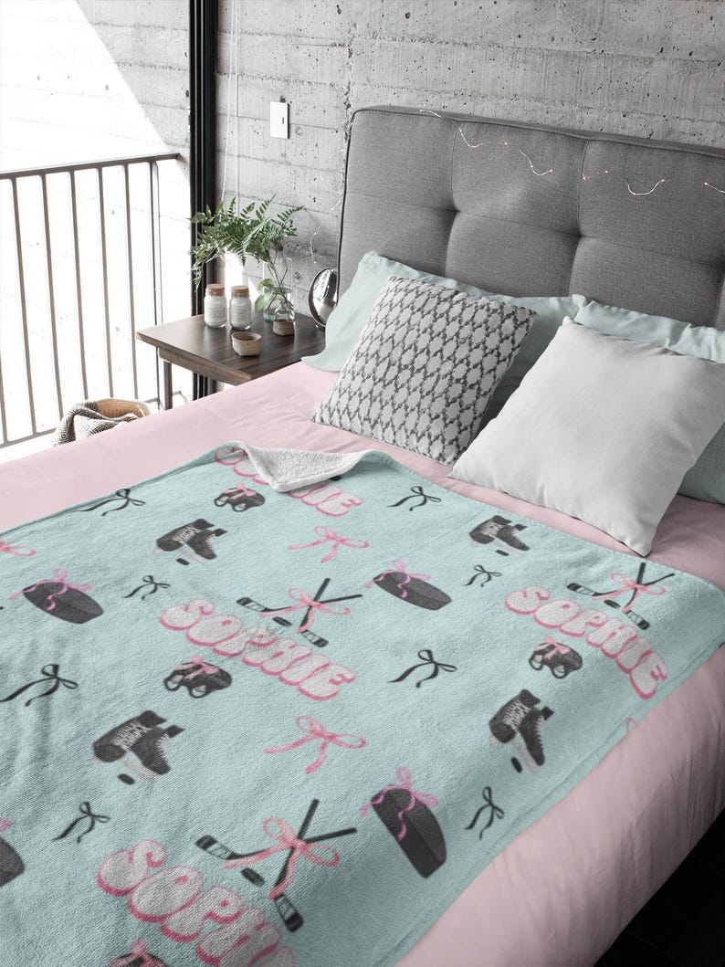 Personalized Ice Hockey Blanket For Girls, Custom Name Sports Throw, Hockey Team Gift, Hockey Mom Gift, Soft Minky Fleece Blanket Ligth Blue