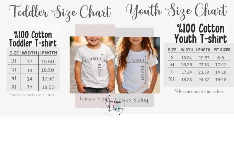 Puede incluir: Tabla de tallas para camisetas para ni&ntilde;os peque&ntilde;os y j&oacute;venes. La tabla incluye medidas en pulgadas para el ancho y el largo, junto con las tallas. El texto "%100 Algod&oacute;n" se muestra encima de las tablas de tallas. La imagen tambi&eacute;n incluye dos ni&ntilde;os que usan camisetas blancas.