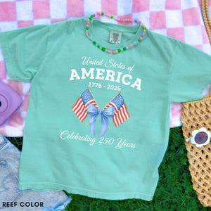 May include: A light green t-shirt with the text "United States of AMERICA 1776-2026 Celebrating 250 Years" and two American flags. The shirt is on a pink and white checkered blanket with a purple camera, denim shorts, and a straw bag.