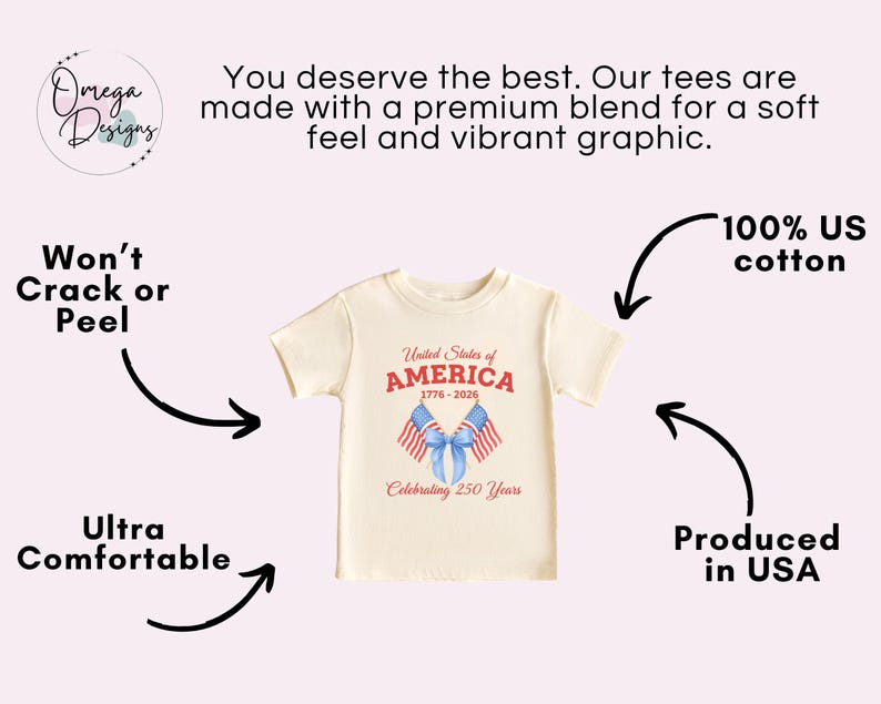 May include: Cream-colored t-shirt with the text "United States of AMERICA 1776-2026 Celebrating 250 Years" and two American flags. The shirt is made of 100% US cotton and produced in the USA. The graphic is designed to be ultra comfortable and won't crack or peel.