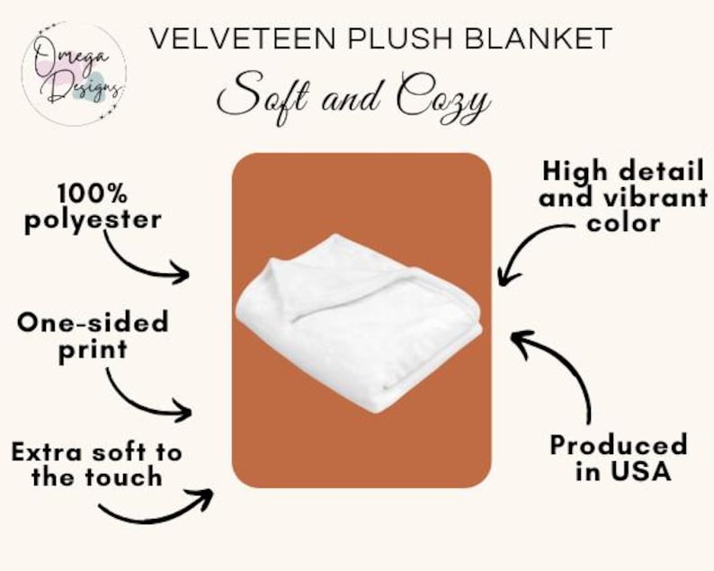 May include: White velveeteen plush blanket. The blanket is made of 100% polyester and features a one-sided print. The blanket is extra soft to the touch and produced in the USA. The blanket is soft and cozy with high detail and vibrant color.