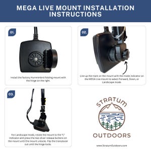Pode incluir: Instru&ccedil;&otilde;es de instala&ccedil;&atilde;o para um suporte MEGA Live. A imagem mostra um suporte preto com uma dobradi&ccedil;a e um diagrama para o modo paisagem. O logotipo Stratum Outdoors est&aacute; no canto inferior direito.