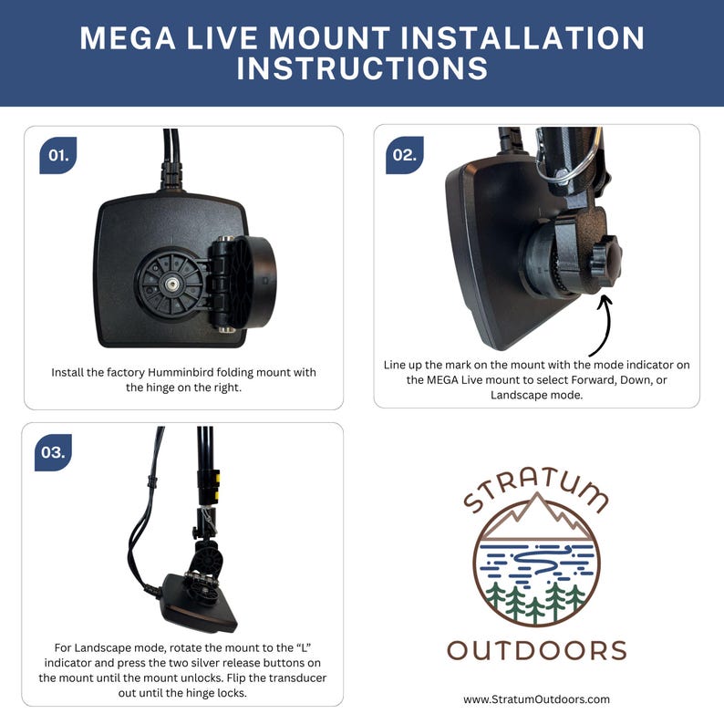 Pode incluir: Instru&ccedil;&otilde;es de instala&ccedil;&atilde;o para um suporte MEGA Live. A imagem mostra um suporte preto com uma dobradi&ccedil;a e um diagrama para o modo paisagem. O logotipo Stratum Outdoors est&aacute; no canto inferior direito.