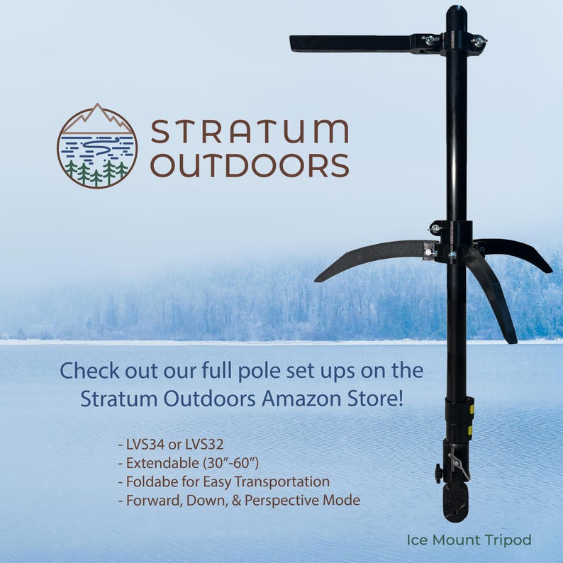 Pode incluir: Trip&eacute; preto para montagem em gelo com um bra&ccedil;o horizontal e tr&ecirc;s bra&ccedil;os de suporte curvos. O texto "STRATUM OUTDOORS" est&aacute; no topo, com texto adicional abaixo. O trip&eacute; &eacute; extens&iacute;vel de 76 a 152 cm.