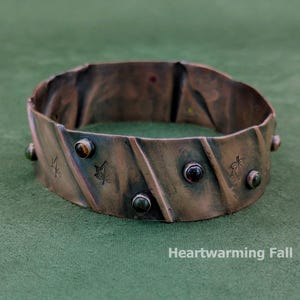Cold-forged copper bangle with garnet, hand-stamped fall leaves, artisan bracelet: HEARTWARMING FALL set