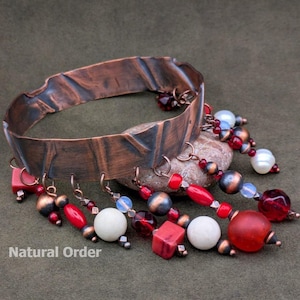 Copper cold-forged tribal bracelet with eclectic beads, fringe bangle: NATURAL ORDER set