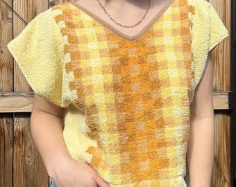 Vintage Upcycled Towel Top | Checked Yellow/Brown/Orange Cropped Fit
