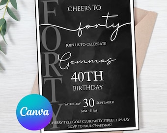 Editable 40th Birthday Invite – Black & White Theme – Custom Digital Milestone Invitation