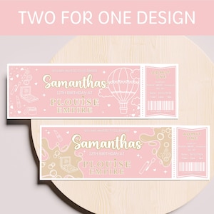 Può includere: Due inviti rosa per una festa di compleanno con la scritta "TWO FOR ONE DESIGN". Gli inviti recitano "Samanthas 12th Birthday at Plouise Empire". Un invito presenta una grafica di mongolfiera.