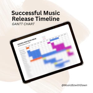 May include: A tablet screen displaying a Gantt chart titled "Successful Music Release Timeline". The chart is a visual representation of a project plan with different coloured bars representing tasks and their durations.