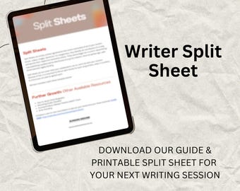 May include: A digital tablet displaying a printable writer split sheet with the text "Split Sheets" and "Further Growth Other Available Resources". The text "Writer Split Sheet" is displayed on a crumpled paper background with the text "Download our guide & printable split sheet for your next writing session" and the social media handle "@MusicBizwithDawn".