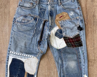 W35 L30 — 505 - Multi-Pocket, Contrasting Fades, Super Wonderful PATCHWORK, Denim Rework Jeans