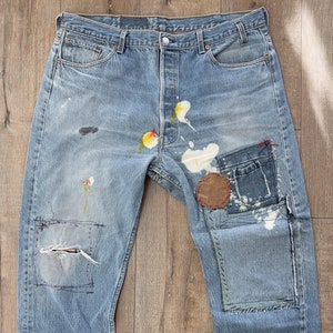 W39.5 L27 — 501xx - Hand-painted Features, Contrasting Fades, Distressed, Patchwork, Vintage Denim Rework Jeans