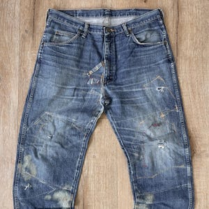 W36 L29.25 — Jeans Men — Dark Indigo, Denim Rework, Contrasting Fades, Distressed, Patchwork, Stitching Patterns