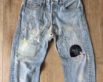 W35 L28.25 — Vintage 501xx Jeans Men – 1992, #545 Rivet, Light Indigo, Denim Rework, Twist Leg, Paints, Patchwork