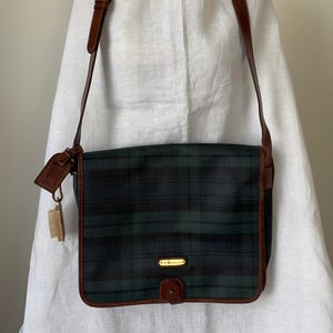 Vintage 1993 Polo Ralph Lauren Bag — Black Watch Plaid, PVC, Leather Trims, Cross-Shoulder, Messenger Bag