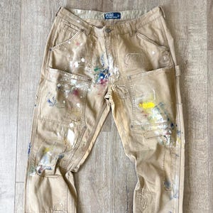 W35 L29.5 — Canvas Work Pants Mens — Knee Patchwork, Master Hand Paints, Ragged / Distressed, Double Knee Panel, Reworked