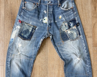 W35.5 L29.5 — 501 Jeans Men — Indigo, Denim Rework, Contrast Fades, Distressed, Ragged, Patchwork, Hand-paints