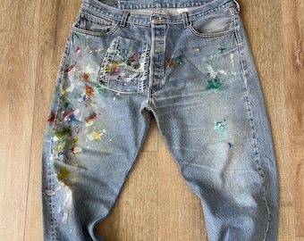 W38.5 L29.5 — 501 Jeans Men — NON-RIVET, Denim Rework, Fades, Distressed, Fancy Patch Pocket, Paints, Twist Legs