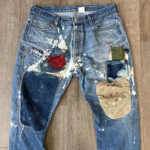 W37 L27 — Jeans Men 501 — Patchwork, Denim Rework, Mid-Fades, Distressed, Great Patchwork, ADDED POCKETS, and Paint