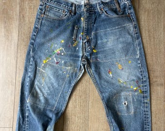W38 L28 — 505 Jeans Men — Medium Indigo, Denim Rework, Fades, Distressed, Patchwork, Hand Paints