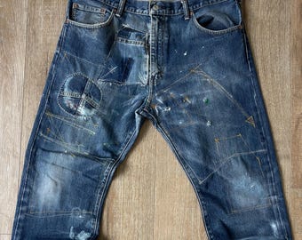 W38 L29.25 — 517 Jeans Men — Dark Indigo Denim, Bootcut, Fades, Ragged, Distressed, Rework, Patchwork, Stitching Pattern